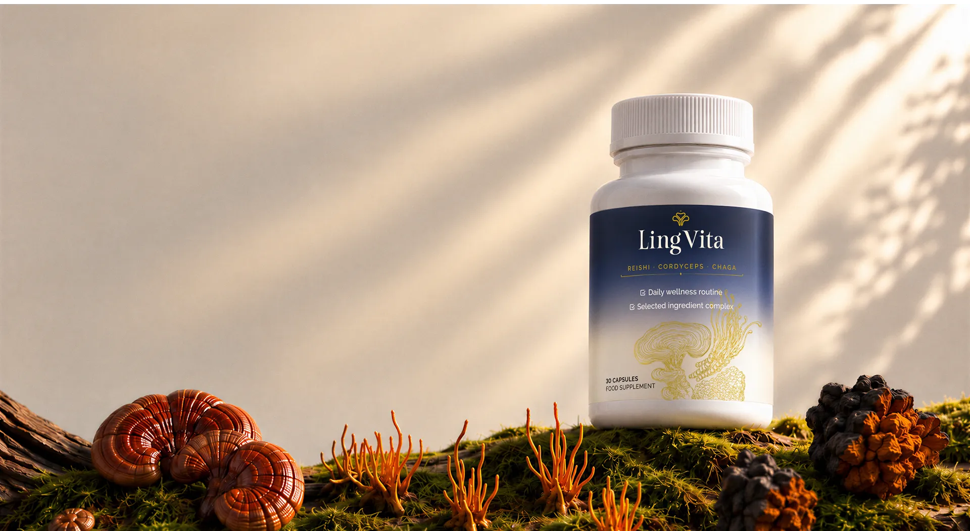 Банка LingVita с экстрактами рейши, кордицепса и чаги на мху среди грибов