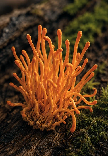 Гриб кордицепс (Cordyceps militaris) на фоне мха и коры